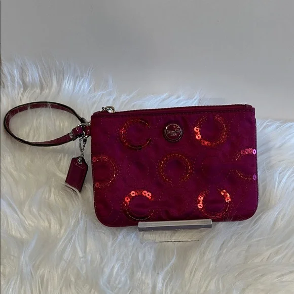 Y2K Coach Fuchsia Sequin Wristlet Pink Signature logo wallet Clutch - Picture 4 of 12
